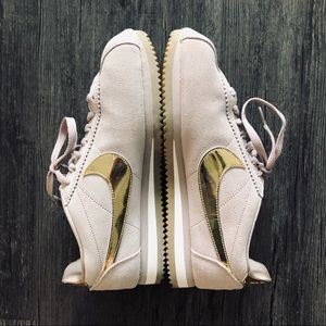 nike taupe with gold swoosh suede cortez trainers